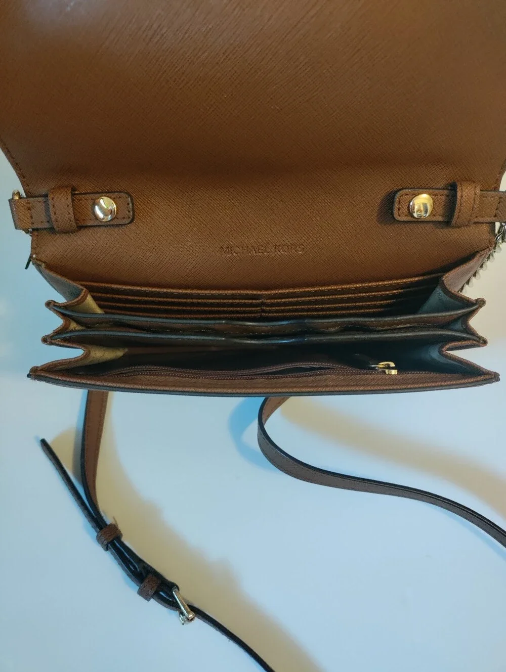 Michael Kors Cognac Saffiano Leather Crossbody Wallet with Gold Chain